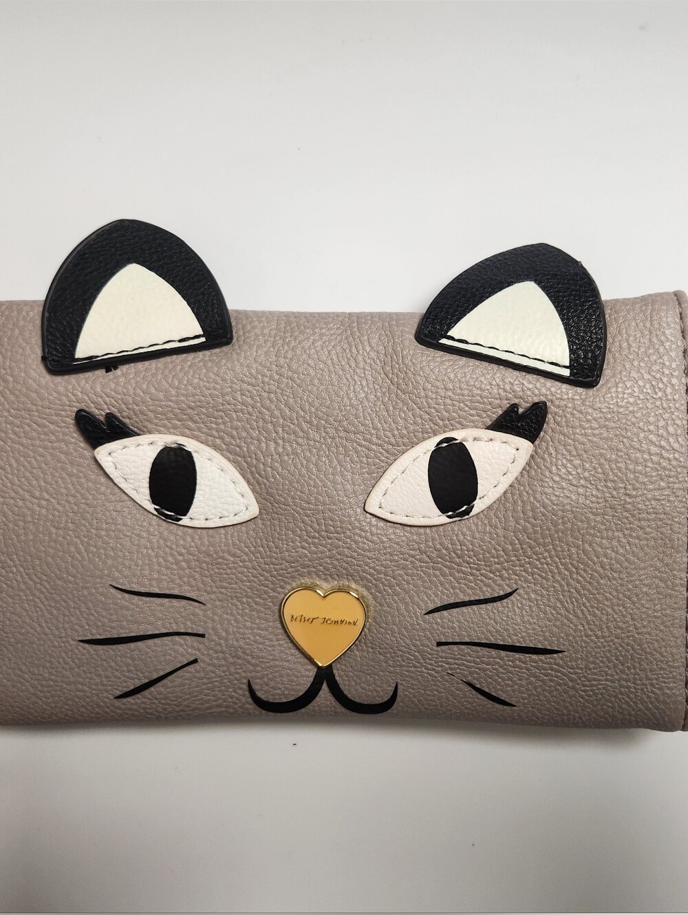 Betsey Johnson Taupe Cat Face Wallet with Black and White Accents and Gold Heart